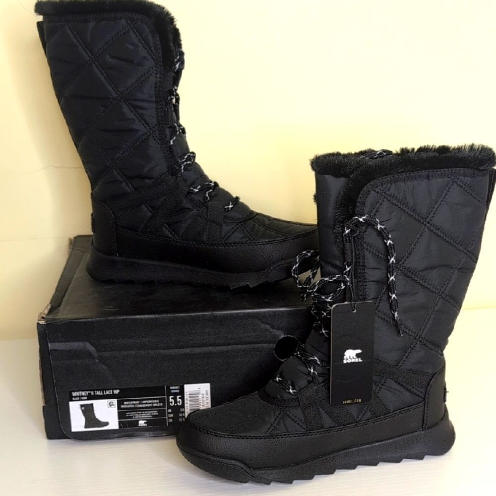 Sorel 5.5 Whitney II Tall Lace Black Waterproof Winter Boots, NEW